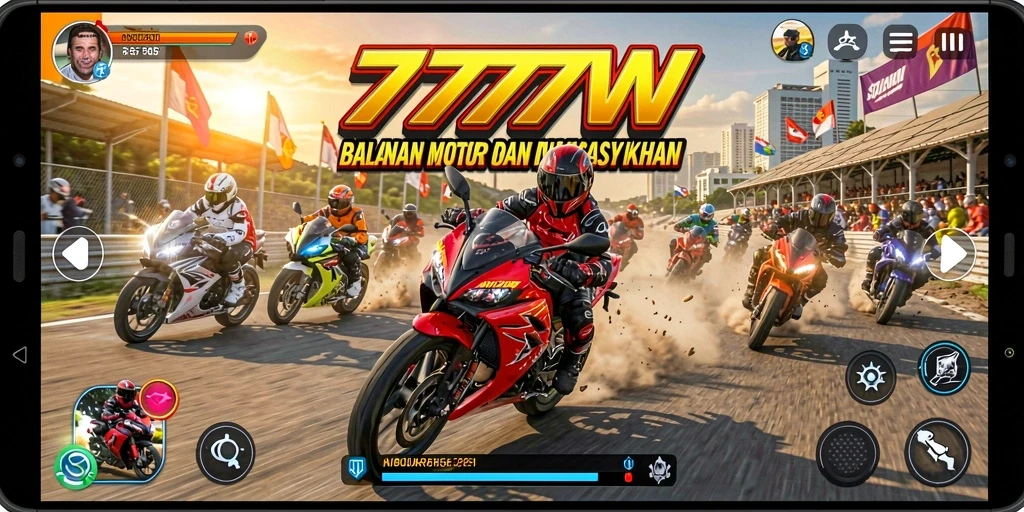 Gameplay seru dalam balapan motor 7777W yang memukau.