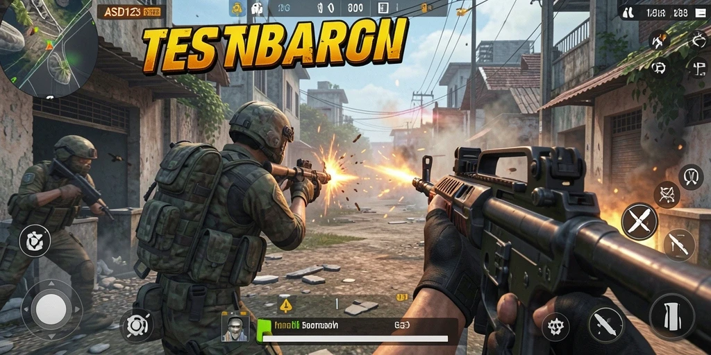 Screenshot gameplay menunjukkan aksi tembak menembak yang menegangkan di ASD123.