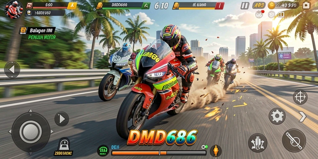 Tampilan gameplay DMD686 yang menegangkan dalam balapan motor.