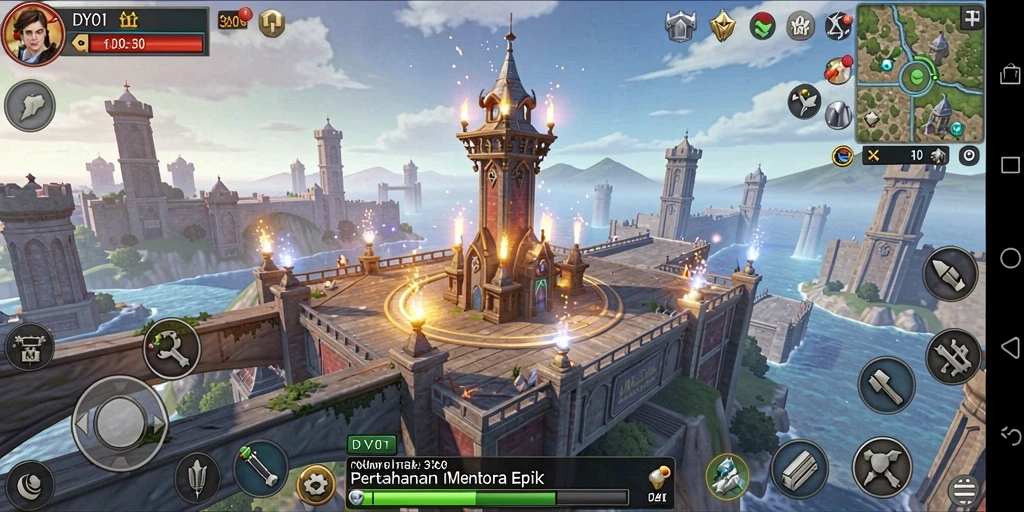 Tampilan gameplay Tower Defense DY01 dengan menara dan musuh yang beragam.