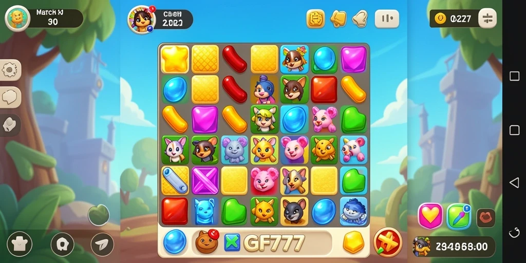 Screenshot GF777 menampilkan gameplay Match-3 yang seru dan interaktif.