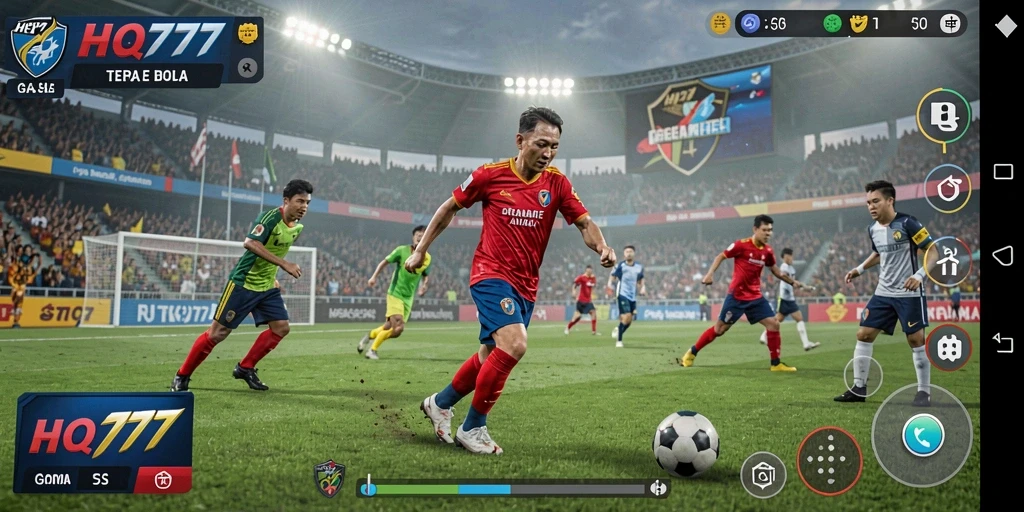 Tampilan gameplay mendebarkan dalam HQ777 dengan aksi sepak bola seru.