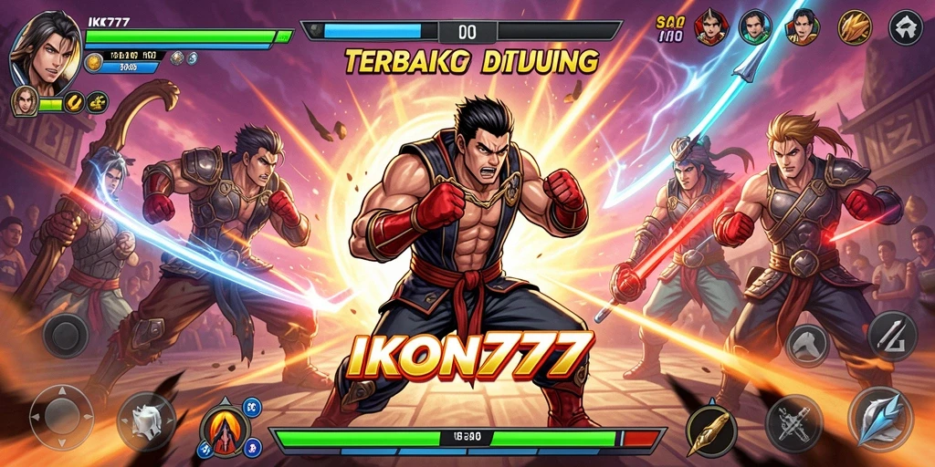 Tangkapan layar gameplay IKON777 menampilkan pertarungan seru dengan karakter yang dinamis.