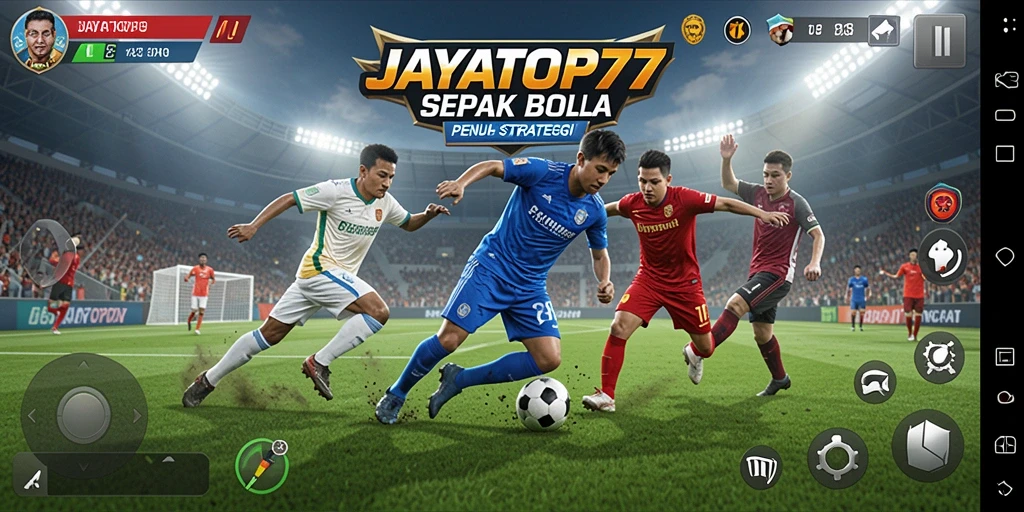 Screenshot gameplay JAYATOP77 menampilkan aksi seru di lapangan sepak bola.