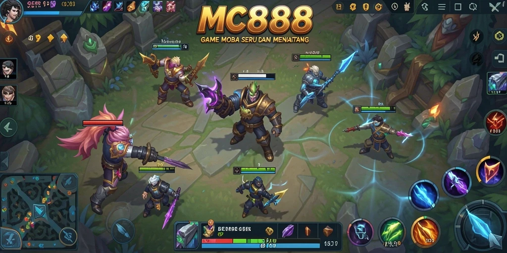 Screenshot gameplay <strong>MC888</strong> menunjukkan pertarungan epik antara karakter di arena MOBA.