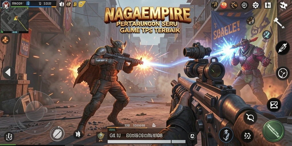 Tangkapan layar NAGAEMPIRE yang menunjukkan aksi pertarungan mendebarkan dalam game TPS.