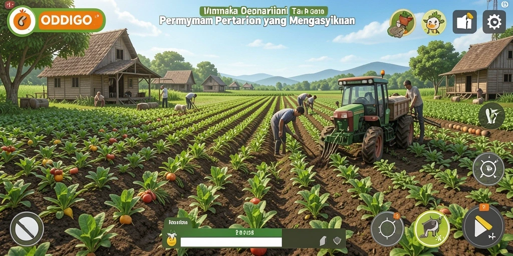 Gameplay ODDIGO yang menampilkan aktivitas pertanian yang seru.