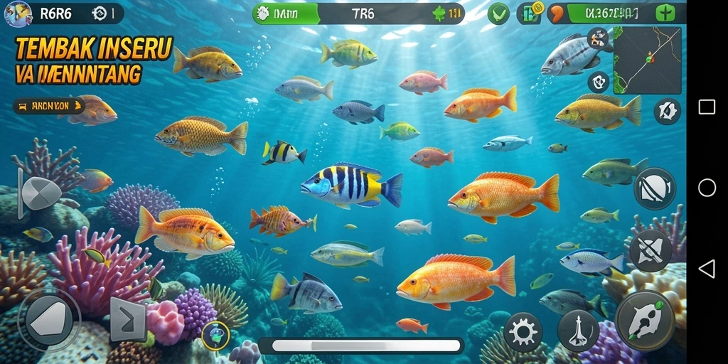 Screenshot R6R6 menampilkan pemain sedang bertarung melawan ikan berwarna-warni.