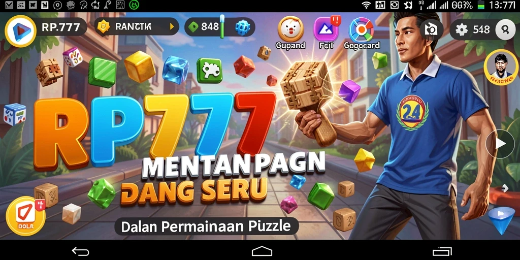 Tampilan penuh warna dari gameplay puzzle RP777 yang menarik.
