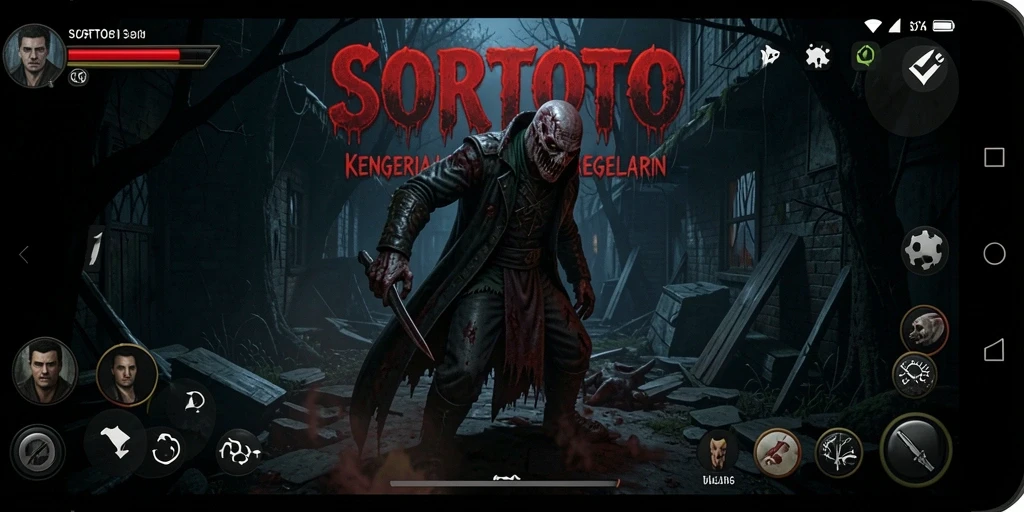 Tangkapan layar gameplay SORTOTO menampilkan suasana horor yang mencekam.