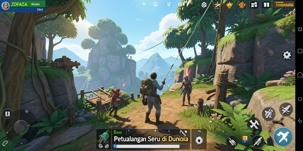 Screenshot gameplay ZOFAZA menampilkan petualangan di dunia terbuka.